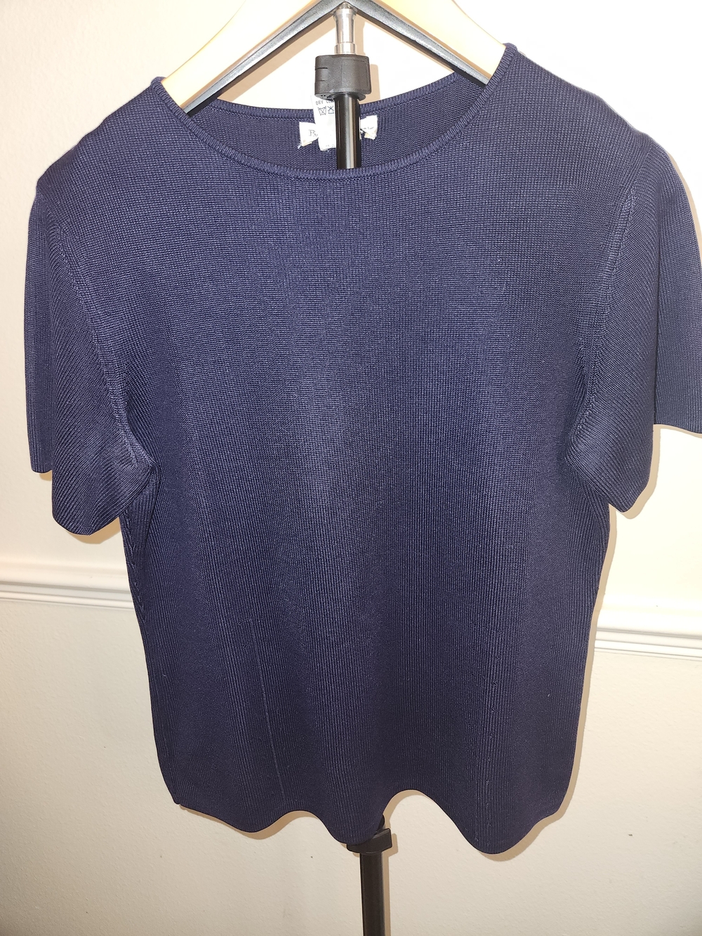 Barry Bricken Womens M Navy 100% Silk Ribbed Knit Top Scalloped Hem Short Sleeve